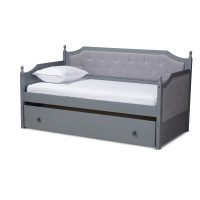 Baxton Studio MG0014-Grey/Grey-Daybed Mara Classic and Traditional Grey Fabric Upholstered Grey Finished Wood Twin Size Daybed with Trundle